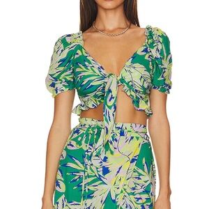 Green Tie-Front Crop Top with Puff Sleeves